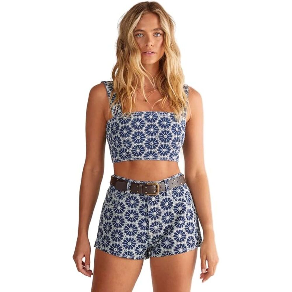Denim Floral Embroidered Strappy Crop Top, Size 12, 7L-193T001
